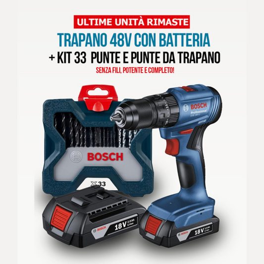 Kit Trapano Avvitatore a Percussione 48V Senza Fili - 2 Batterie + Kit di Punte