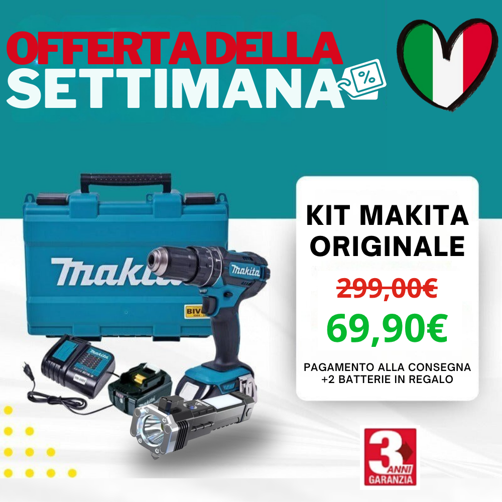 KIT ORIGINALE MAKITA: TRAPANO AVVITATORE A PERCUSSIONE PER FORATURE E AVVITATURE GRAVOSE + 45 ACCESSORI + 2 BATTERIE 48V - SUPER OFFERTA DI LANCIO!
